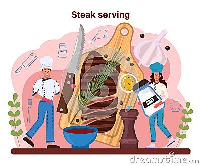 Steak. People cutting beef and cooking tasty grilled meat with sauces Vector Illustration