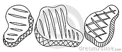 Steak. Pieces of meat of different shapes are prepared for frying on the grill in doodle style Vector Illustration