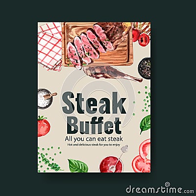 Steak poster design with napkins, beef steak watercolor illustration Cartoon Illustration