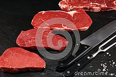 Steak raw. Barbecue Rib Eye Steak, dry Aged Wagyu Entrecote Steak Stock Photo