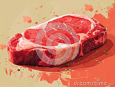 Steak on a red background. illustration of a piece of meat. Generative AI Cartoon Illustration