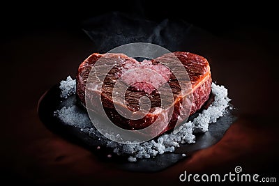 Steak in the shape of a heart with salt on a dark background. Generative AI Stock Photo