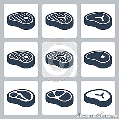 Steak silhouettes, raw and grilled meat icons Vector Illustration
