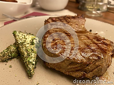 Steak with spicy cheese Stock Photo