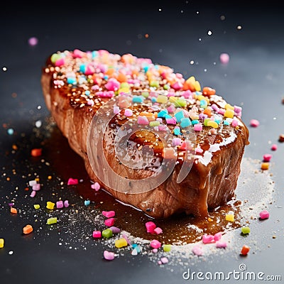 Vibrant Spectrum Steak With Sprinkles On Black Background Stock Photo