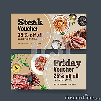 Steak voucher design with spaghetti, beef steak watercolor illustration Cartoon Illustration