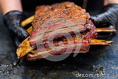 Steakhouse menu grilled meat chef smoked beef ribs Stock Photo