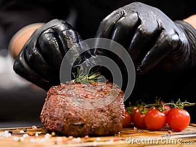 Steakhouse menu tenderloin steak chef beef meat Stock Photo