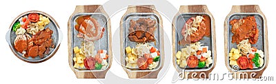 Steaks set on wood plate with isolated photo style Stock Photo