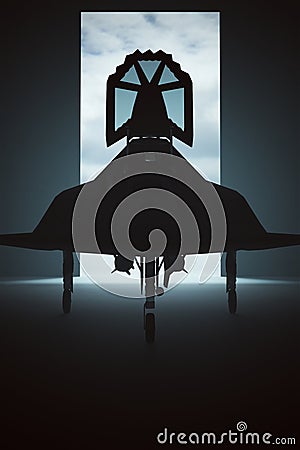 Stealth Bomber Jet Aircraft in a Dark Hanger Cartoon Illustration