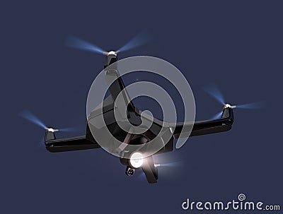 Stealth drone equip with search light flying in the night sky Stock Photo