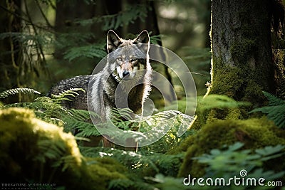 Stealthy Gray Wolf Prowling Through Dense Boreal Forest, Ferns, Moss-Covered Trees, Dappled Sunlight Stock Photo