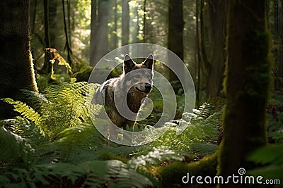 Stealthy Gray Wolf Prowling Through Dense Boreal Forest, Ferns, Moss-Covered Trees, Dappled Sunlight Stock Photo