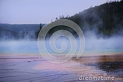 Steam coming from the the Grand Prismatic Spring in Yellowstone National Park.n Stock Photo