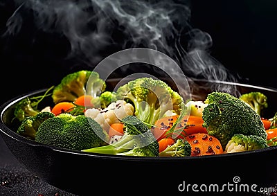 Steam cooked healthy vegetables in bowl plate in kitchen.Macro.AI Generative Stock Photo