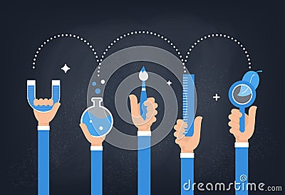 Steam Education Approach. Arts and Science. Students Holding Tools in Hands against Chalkboard Background. Vector Design Vector Illustration