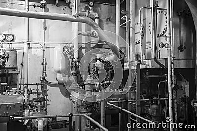 Steam engine room in Liberty Ship in blackand white Editorial Stock Photo