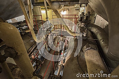 Steam engine room on multiple levels in Liberty Ship Editorial Stock Photo