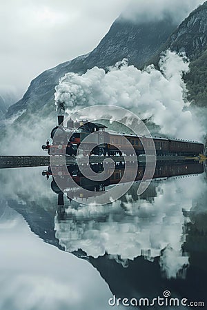 A steam engine train driving along the lake in the valley with its reflection on the water Stock Photo