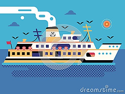 Steam Ferry Boat on Seaside Flat Scene Vector Illustration