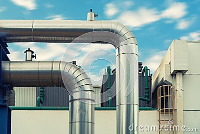 Steam insulation pipeline at corner., Steam pipe insulation. Stock Photo