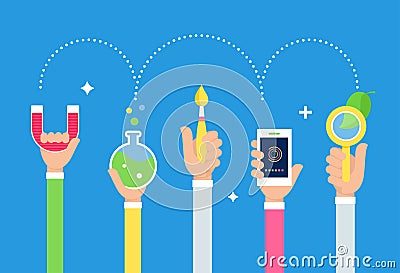 Steam Integrated Education Approach. Arts and Science. Students Holding Tools in Hands. Vector Design Vector Illustration