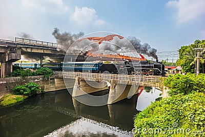 Steam locomotive on the bridge at Rende, Tainan, taiwan Editorial Stock Photo