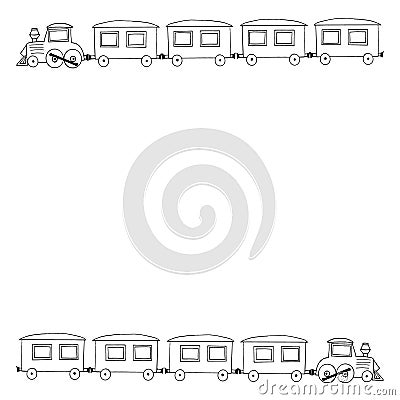 Steam locomotive and carriage frame, border. sketch hand drawn doodle style. minimalism, monochrome. invitation, card, banner. Vector Illustration