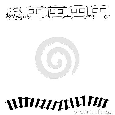Steam locomotive, carriage and railroad frame, border. sketch hand drawn doodle style. minimalism, monochrome. template invitation Stock Photo