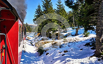 Steam locomotive drives through a forest with snow in winter. Dynamics through motion blur Stock Photo