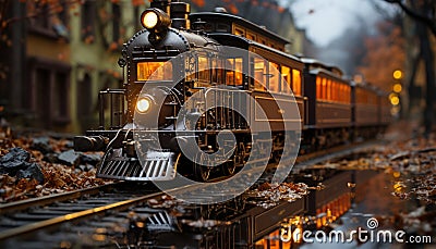 Steam locomotive illuminates old railroad station platform in city dusk generated by AI Stock Photo