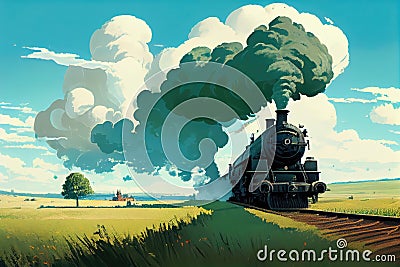 a steam locomotive puffing smoke into the air, surrounded by green fields and blue skies Stock Photo