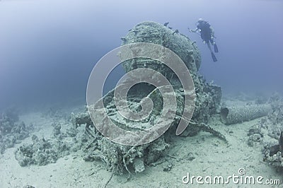 Steam locomotive wreck on the seabed Stock Photo