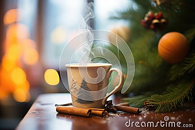 steam over cocoa cup, pine branches in background Stock Photo