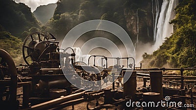 Steam punk waterfall of energy, with a landscape of metal pipes and wires, with a Ban Gioc waterfall Stock Photo