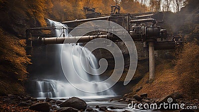 Steam punk waterfall of energy, with a landscape of metal pipes and wires, with a Waterfall in autumn Stock Photo