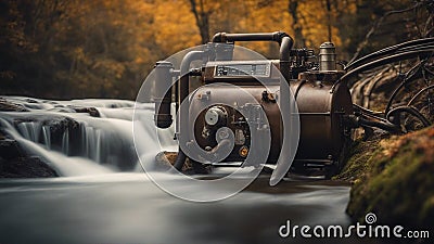 Steam punk waterfall of energy, with a landscape of metal pipes and wires, with a Waterfall in autumn Stock Photo