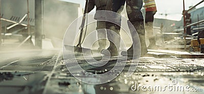 Steam rises from the freshly poured concrete as workers use large power screeds to create a smooth and level surface Stock Photo