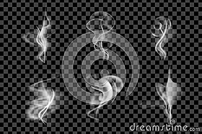 Steam smoke 3d set in realism design. Bundle of curved smoke flow Vector Illustration