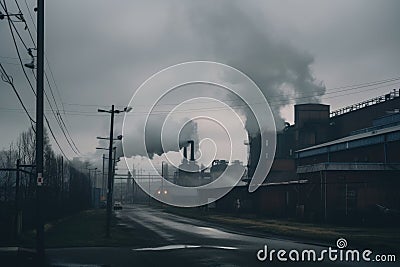 steam, smoke, and fumes billow forth from factory chimneys on a gray and gloomy day Stock Photo