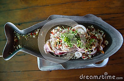 Steam Squid with Spicy Chili and Lemon Sauce Stock Photo