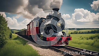 steam train in the countryside _A retro train with a steam engine and a red caboose, traveling on a railroad track Stock Photo