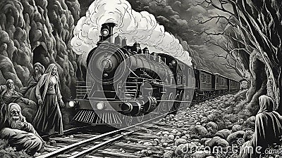 steam train _A dark magic Halloween steam train with ghouls and monsters on it, that has been haunted and cursed Stock Photo