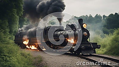 steam train in the forest _A rebel train that fights against the tyranny of the world on a fiery and explosive railway. Stock Photo