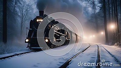 steam train in the night A steam train engine on a foggy night in the winter. The train is a powerful and sturdy model, Stock Photo