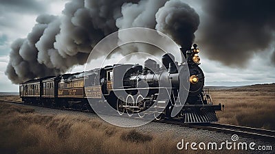 steam train in the plains, An old magic-enchanted steam locomotive train made of magic that has been enchanted and animated Stock Photo