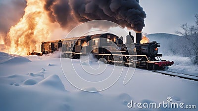 steam train in the snow exploding, A steam train burning, on fire, flames, and fireballs, on a cold and snowy day in the winter Stock Photo