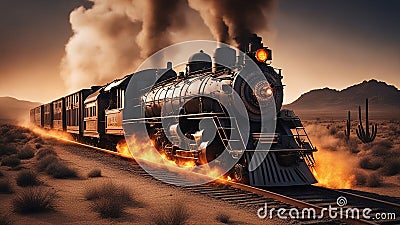 steam train at sunset flaming skull, An exploding hell old flaming western train to hell Stock Photo