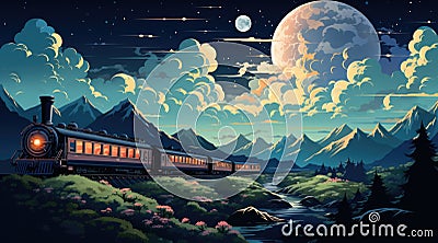 A steam train traveling through the mountains at night, AI Stock Photo