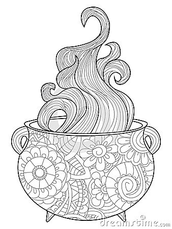 With steam witches cauldron Coloring book raster for adults Cartoon Illustration